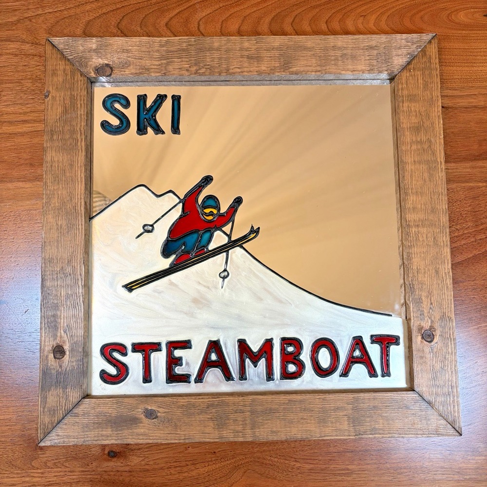 Vintage "Ski Steamboat" Mirror Painting Skier 70's Wall Art Framed Approx 15x15